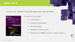 OWASP TOP 10
65Checkmarx | All Rights Reserved
For each risk it provides:
A description
Example vulnerabilities
Example attacks
Guidance on how to avoid
References to OWASP and other related resources
“A list of the 10 Most Critical Web Application Security Risks”
 