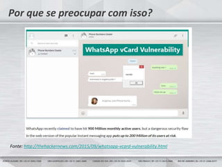 4
Por que se preocupar com isso?
Fonte: http://thehackernews.com/2015/09/whatsapp-vcard-vulnerability.html
 