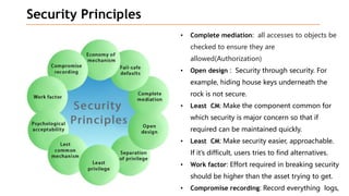 Security Principles
• Complete mediation: all accesses to objects be
checked to ensure they are
allowed(Authorization)
• Open design : Security through security. For
example, hiding house keys underneath the
rock is not secure.
• Least CM: Make the component common for
which security is major concern so that if
required can be maintained quickly.
• Least CM: Make security easier, approachable.
If it’s difficult, users tries to find alternatives.
• Work factor: Effort required in breaking security
should be higher than the asset trying to get.
• Compromise recording: Record everything logs,
 