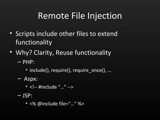 LDAP Injection
• Lightweight Directory Access Protocol
• LDAP is used to access information directories
– Users
– User information
– Software
– Computers
Web Server
LDAP
Server
 