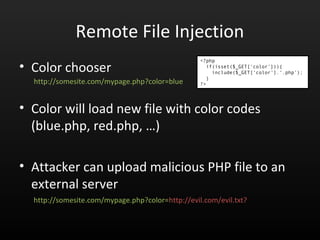LDAP Injection
• Insert special characters, such as (, |, &, *, …
• * (asterisk) allows listing of all users
http://www.networkdls.com/articles/ldapinjection.pdf
 