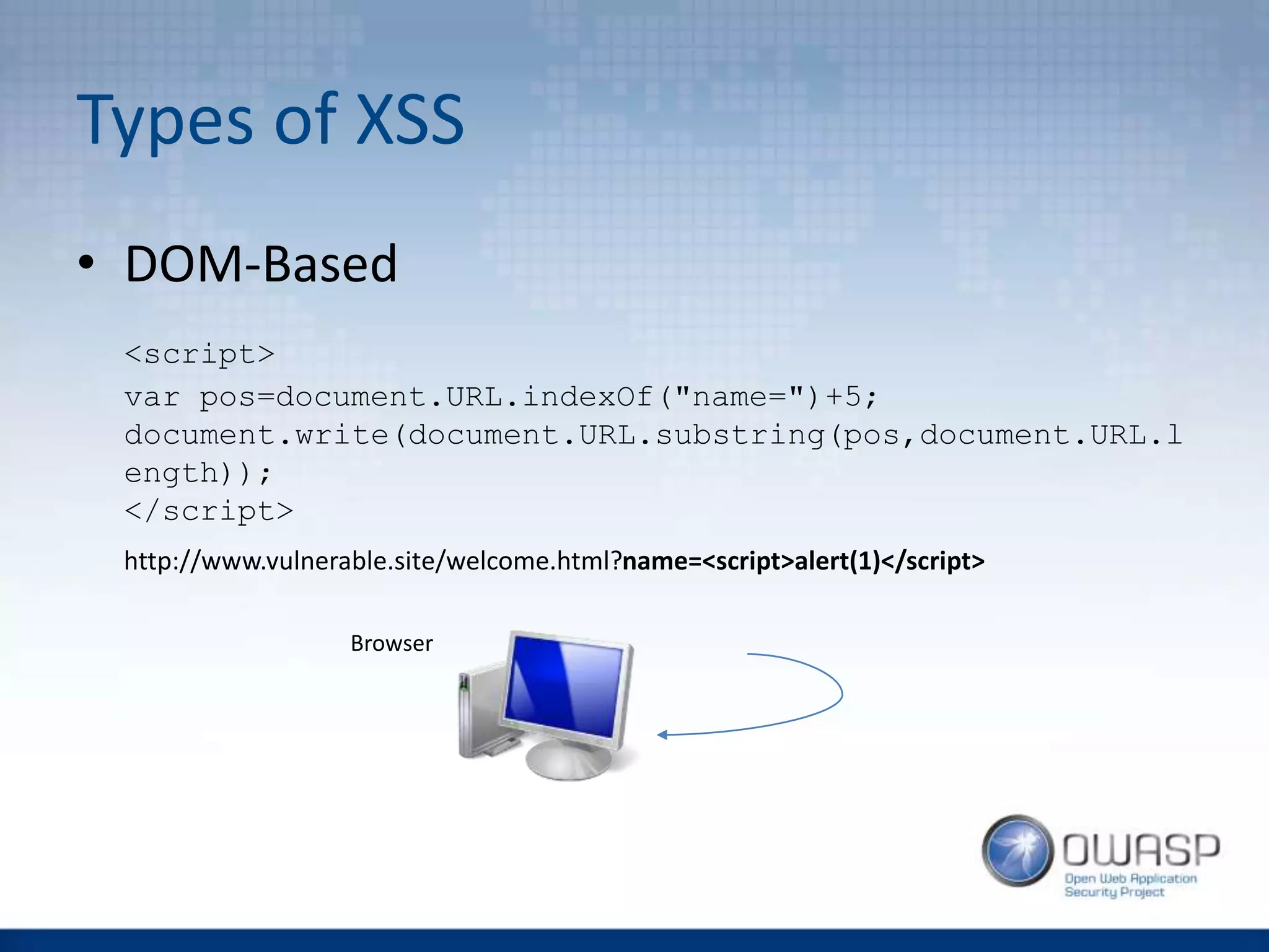 Types of XSS
• DOM-Based
<script>
var pos=document.URL.indexOf("name=")+5;
document.write(document.URL.substring(pos,document.URL.l
ength));
</script>
http://www.vulnerable.site/welcome.html?name=<script>alert(1)</script>
Browser
 