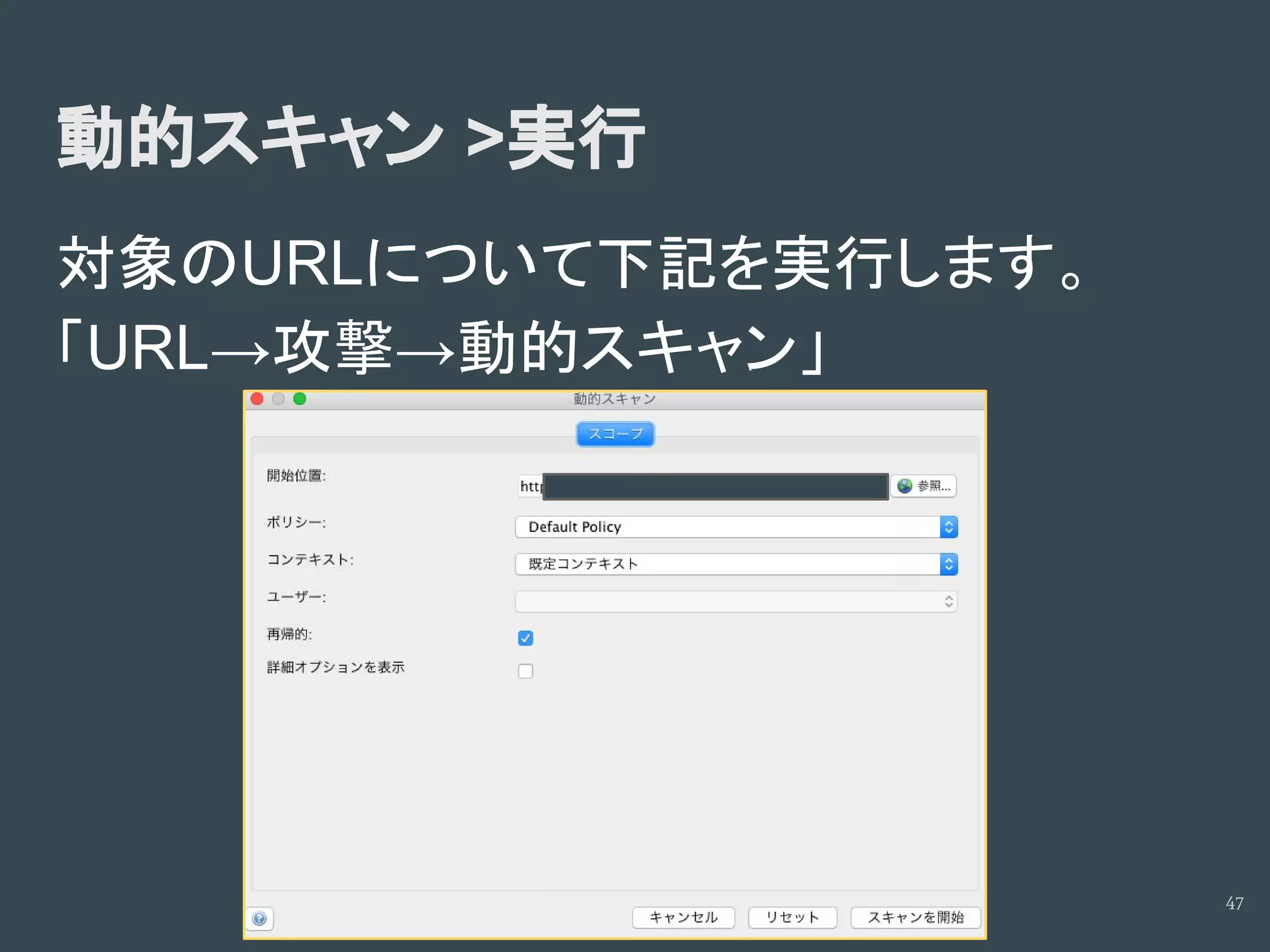 動的スキャン >実行
対象のURLについて下記を実行します。
「URL→攻撃→動的スキャン」
47
 