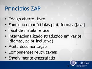 Princípios ZAP
• Código aberto, livre
• Funciona em múltiplas plataformas (java)
• Fácil de instalar e usar
• Internacionalizado (traduzido em vários
idiomas, pt-br inclusive)
• Muita documentação
• Componentes reutilizáveis
• Envolvimento encorajado
15
 