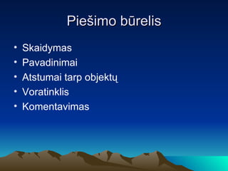 Piešimo būrelis Skaidymas Pavadinimai Atstumai tarp objektų Voratinklis Komentavimas 