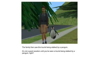 The family then saw this tourist being stalked by a penguin.

It's not a good vacation until you've seen a tourist being stalked by a
penguin, right?
 