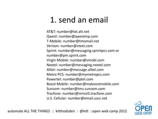 1. send an email
                     AT&T: number@txt.att.net
                     Qwest: number@qwestmp.com
                     T-Mobile: number@tmomail.net
                     Verizon: number@vtext.com
                     Sprint: number@messaging.sprintpcs.com or
                     number@pm.sprint.com
                     Virgin Mobile: number@vmobl.com
                     Nextel: number@messaging.nextel.com
                     Alltel: number@message.alltel.com
                     Metro PCS: number@mymetropcs.com
                     Powertel: number@ptel.com
                     Boost Mobile: number@myboostmobile.com
                     Suncom: number@tms.suncom.com
                     Tracfone: number@mmst5.tracfone.com
                     U.S. Cellular: number@email.uscc.net


automate ALL THE THINGS :: kitthodsden : @kitt ::open web camp 2012
 