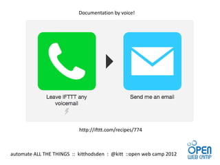 Documentation by voice!




                           http://ifttt.com/recipes/774



automate ALL THE THINGS :: kitthodsden : @kitt ::open web camp 2012
 
