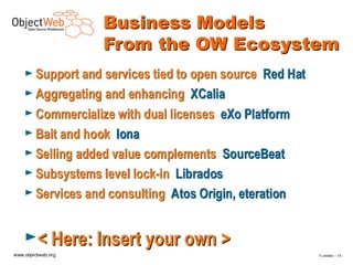 Business Models
                    From the OW Ecosystem
    ► Support and services tied to open source   Red Hat
    ► Aggregating and enhancing   XCalia
    ► Commercialize with dual licenses eXo Platform
    ► Bait and hook Iona
    ► Selling added value complements SourceBeat
    ► Subsystems level lock-in Librados
    ► Services and consulting Atos Origin, eteration



    ►< Here: Insert your own >
www.objectweb.org                                          F.Letellier – 1 8
 