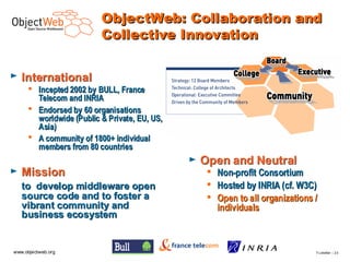 ObjectWeb: Collaboration and
                         Collective Innovation

►   International
      Incepted 2002 by BULL, France
       Telecom and INRIA
      Endorsed by 60 organisations
       worldwide (Public & Private, EU, US,
       Asia)
      A community of 1800+ individual
       members from 80 countries
                                              ►   Open and Neutral
►   Mission                                         Non-profit Consortium
    to develop middleware open                      Hosted by INRIA (cf. W3C)
    source code and to foster a                     Open to all organizations /
    vibrant community and                            individuals
    business ecosystem


www.objectweb.org                                                              F.Letellier – 2 3
 