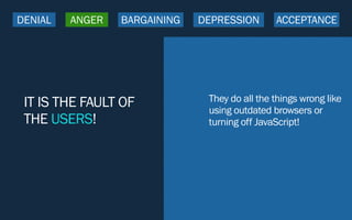 IT IS THE FAULT OF
THE USERS!
They do all the things wrong like
using outdated browsers or
turning off JavaScript!
DENIAL ANGER BARGAINING DEPRESSION ACCEPTANCE
 