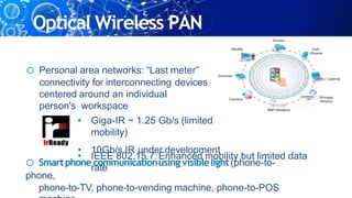 Optical Wireless PAN
o Personal area networks: “Last meter”
connectivity for interconnecting devices
centered around an individual
person's workspace
• Giga-IR ~ 1.25 Gb/s (limited
mobility)
• 10Gb/s IR under development
• IEEE 802.15.7:Enhanced mobility but limited data
rate
o Smartphone communicationusing visiblelight(phone-to-
phone,
phone-to-TV, phone-to-vending machine, phone-to-POS
 