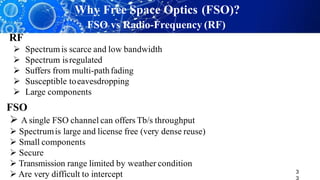 3
Why Free Space Optics (FSO)?
FSO vs Radio-Frequency (RF)
RF
 Spectrumis scarce and low bandwidth
 Spectrum isregulated
 Suffers from multi-pathfading
 Susceptible toeavesdropping
 Large components
FSO
 A single FSO channel can offers Tb/s throughput
 Spectrumis large and license free (very dense reuse)
 Small components
 Secure
 Transmission range limited by weather condition
 Are very difficult to intercept
 