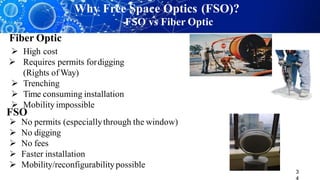 3
 Mobility impossible
 No permits (especiallythrough the window)
 No digging
 No fees
 Faster installation
 Mobility/reconfigurabilitypossible
Fiber Optic
 High cost
 Requires permits fordigging
(Rights of Way)
 Trenching
 Time consuming installation
FSO
Why Free Space Optics (FSO)?
FSO vs Fiber Optic
 