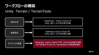 ワークフローの構築
17
Unity Terrain / TerrainTools
地形生成
質感設定
オブジェクト配置
Heightmap：import / Export 可
Unity、他ツールでの作成も可能
Splatmap：import / Export 可
Unity、他ツールでの作成も可能
Detailmap import / Export 不可 Unityでの作成は可能
DOTSを活かすためにも、GameObjectでの配置を検討
 