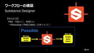 ワークフローの構築
21
【検証結果】
PNG・TGAは〇、RAWは×
→PhotoshopでPNG(16Bit)に変換すれば〇
Substance Designer
Height
Road
Bitmap Height
Splat
Detail
Bitmap
Possible
 
