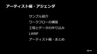 アーティスト編・アジェンダ
サンプル紹介
ワークフローの構築
工程とデータの作り込み
LWRP
アーティスト編・まとめ
 