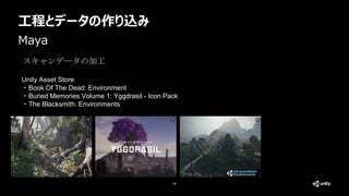 工程とデータの作り込み
58
Maya
Unity Asset Store
・Book Of The Dead: Environment
・Buried Memories Volume 1: Yggdrasil - Icon Pack
・The Blacksmith: Environments
スキャンデータの加工
 
