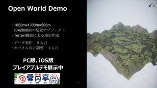 Open World Demo
7
・1000m×1000m×500m
・約42000個の配置オブジェクト
・Terrain機能による地形作成
PC版、iOS版
プレイアブルデモ展示中
・データ制作 ２人月
・モバイル向け調整 １人月
 