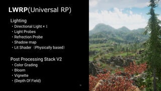 LWRP(Universal RP)
72
Lighting
・Directional Light ×１
・Light Probes
・Refrection Probe
・Shadow map
・Lit Shader（Physically based）
Post Processing Stack V2
・Color Grading
・Bloom
・Vignette
・(Depth Of Field)
 