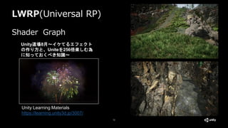 LWRP(Universal RP)
73
Shader Graph
Unity Learning Materials
https://learning.unity3d.jp/3007/
Unity道場8月〜イケてるエフェクト
の作り方と、Uniteを256倍楽しむ為
に知っておくべき知識〜
 