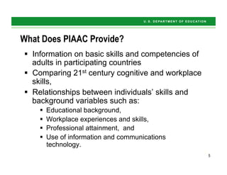 5
What Does PIAAC Provide?
§  Information on basic skills and competencies of
adults in participating countries
§  Comparing 21st century cognitive and workplace
skills,
§  Relationships between individuals’ skills and
background variables such as:
§  Educational background,
§  Workplace experiences and skills,
§  Professional attainment, and
§  Use of information and communications
technology.
5
 