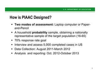 7
How is PIAAC Designed?
§  Two modes of assessment: Laptop computer or Paper-
and-Pencil
§  A household probability sample, obtaining a nationally
representative sample of the target population (16-65)
§  70% response rate goal
§  Interview and assess 5,000 completed cases in US
§  Data Collection: August 2011-March 2012
§  Analysis and reporting: Oct. 2012-October 2013
7
 