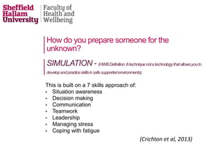 This is built on a 7 skills approach of:
• Situation awareness
• Decision making
• Communication
• Teamwork
• Leadership
• Managing stress
• Coping with fatigue
(Crichton et al, 2013)
SIMULATION - (HWBDefinition:Atechniquenotatechnologythatallowsyouto
developandpracticeskillsinsafesupportedenvironments).
How do you prepare someone for the
unknown?
 