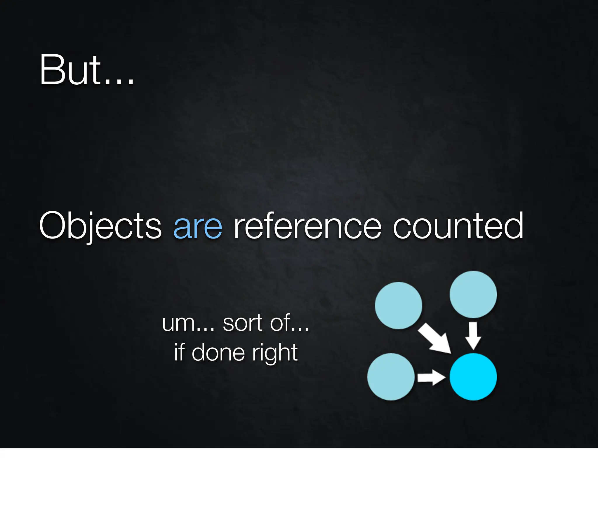 But...


Objects are reference counted

         um... sort of...
          if done right
 