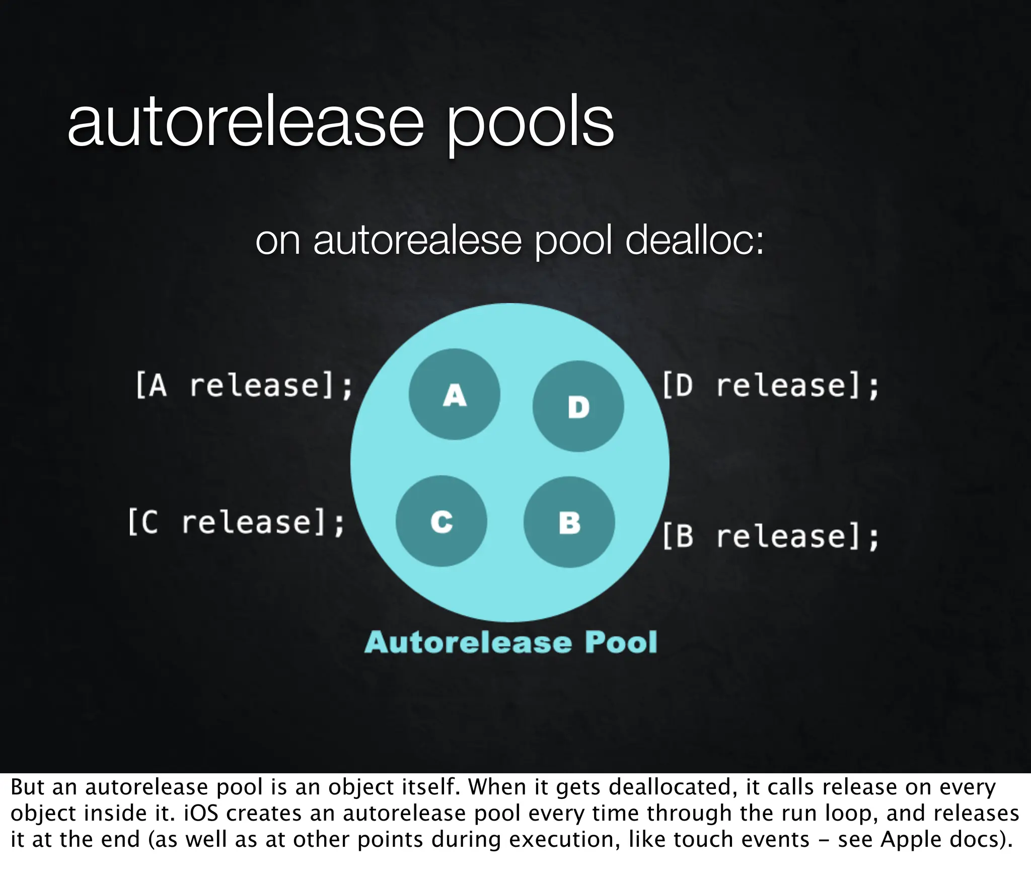 autorelease pools
                       on autorealese pool dealloc:




But an autorelease pool is an object itself. When it gets deallocated, it calls release on every
object inside it. iOS creates an autorelease pool every time through the run loop, and releases
it at the end (as well as at other points during execution, like touch events - see Apple docs).
 