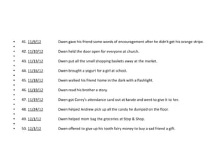 •   41. 11/9/12    Owen gave his friend some words of encouragement after he didn't get his orange stripe.
•
•   42. 11/10/12   Owen held the door open for everyone at church.
•
•   43. 11/13/12   Owen put all the small shopping baskets away at the market.
•
•   44. 11/16/12   Owen brought a yogurt for a girl at school.
•
•   45. 11/18/12   Owen walked his friend home in the dark with a flashlight.
•
•   46. 11/19/12   Owen read his brother a story.
•
•   47. 11/19/12   Owen got Corey's attendance card out at karate and went to give it to her.
•
•   48. 11/24/12   Owen helped Andrew pick up all the candy he dumped on the floor.
•
•   49. 12/1/12    Owen helped mom bag the groceries at Stop & Shop.
•
•   50. 12/1/12    Owen offered to give up his tooth fairy money to buy a sad friend a gift.
 