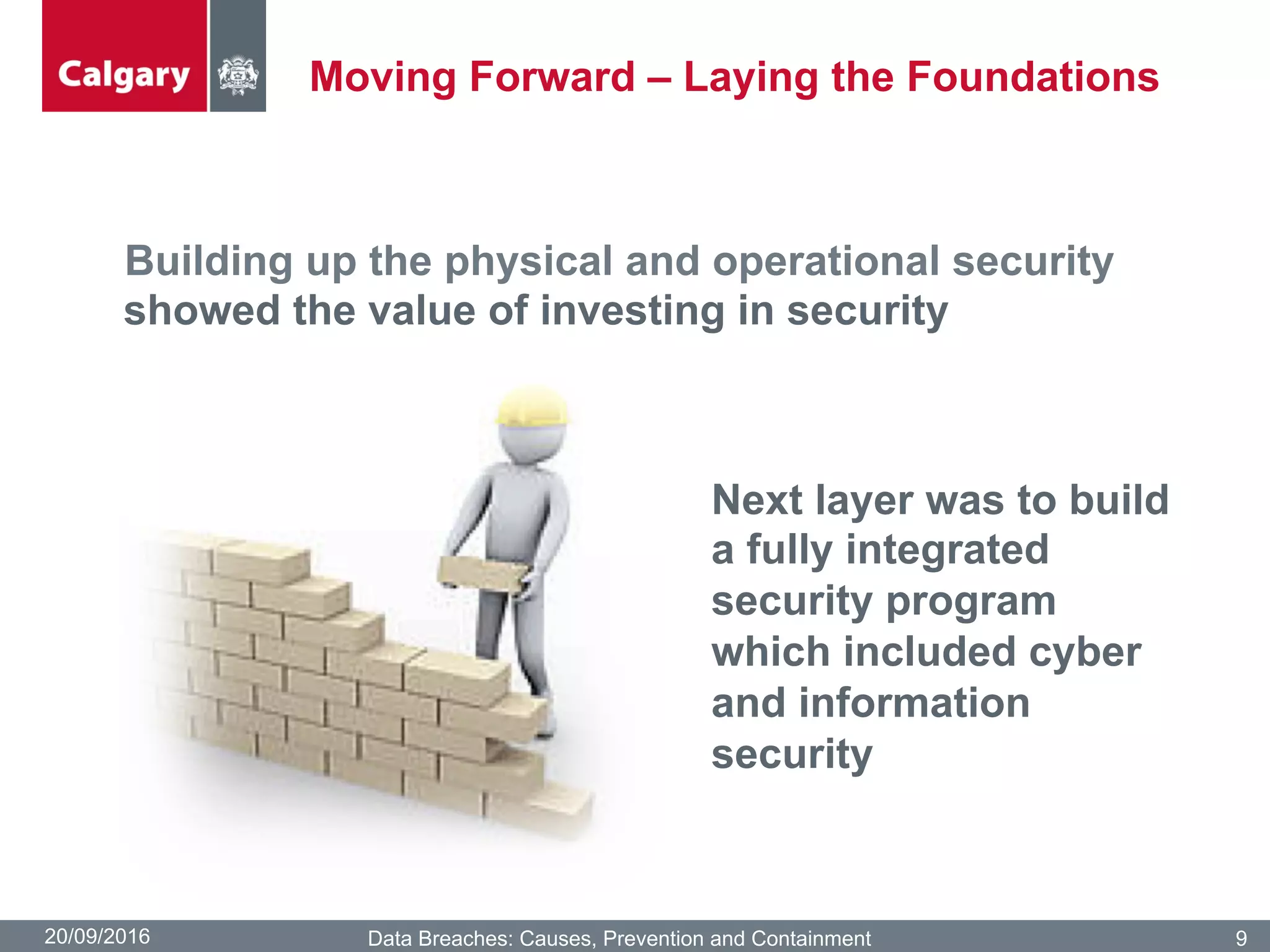 Moving Forward – Laying the Foundations
20/09/2016 Data Breaches: Causes, Prevention and Containment 9
Building up the physical and operational security
showed the value of investing in security
Next layer was to build
a fully integrated
security program
which included cyber
and information
security
 
