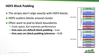 17 © Hortonworks Inc. 2011 – 2017. All Rights Reserved
HDFS Block Padding
 The stripes don’t align exactly with HDFS blocks
 HDFS scatters blocks around cluster
 Often want to pad to block boundaries
– Costs space, but improves performance
– hive.exec.orc.default.block.padding – true
– hive.exec.orc.block.padding.tolerance – 0.05
Index Data
Row Data
Stripe Footer
~64MBStripe
Index Data
Row Data
Stripe Footer
~64MBStripe
Index Data
Row Data
Stripe Footer
~64MBStripe
HDFS Block
HDFS Block
Padding
File Footer
Postscript
File Metadata
 