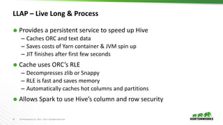 22 © Hortonworks Inc. 2011 – 2017. All Rights Reserved
LLAP – Live Long & Process
 Provides a persistent service to speed up Hive
– Caches ORC and text data
– Saves costs of Yarn container & JVM spin up
– JIT finishes after first few seconds
 Cache uses ORC’s RLE
– Decompresses zlib or Snappy
– RLE is fast and saves memory
– Automatically caches hot columns and partitions
 Allows Spark to use Hive’s column and row security
 