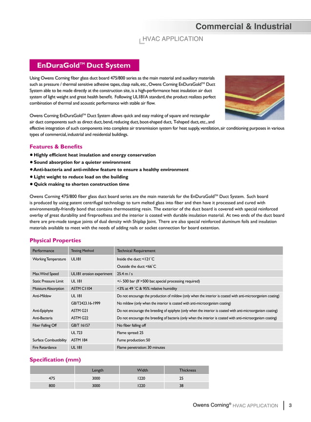 Owens corning enduragold duct system fiberglass insulation PDF