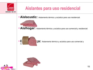 Aislantes para uso residencial <ul><li>Aislacustic:  Aislamiento térmico y acústico para uso residencial. </li></ul><ul><l...