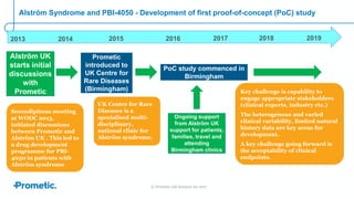 © Prometic Life Sciences Inc 2017
Alström Syndrome and PBI-4050 - Development of first proof-of-concept (PoC) study
Key challenge is capability to
engage appropriate stakeholders
(clinical experts, industry etc.)
The heterogenous and varied
clinical variability, limited natural
history data are key areas for
development.
A key challenge going forward is
the acceptability of clinical
endpoints.
2013 2014 2015 2016 2017 2018
Serendipitous meeting
at WODC 2013,
initiated discussions
between Prometic and
Alström UK . This led to
a drug development
programme for PBI-
4050 in patients with
Alström syndrome
Alström UK
starts initial
discussions
with
Prometic
Prometic
introduced to
UK Centre for
Rare Diseases
(Birmingham)
PoC study commenced in
Birmingham
Ongoing support
from Alström UK
support for patients,
families, travel and
attending
Birmingham clinics
2019
UK Centre for Rare
Diseases is a
specialised multi-
disciplinary,
national clinic for
Alström syndrome.
 
