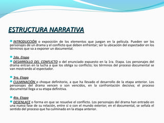 ESTRUCTURA NARRATIVAESTRUCTURA NARRATIVA
INTRODUCCIÓNINTRODUCCIÓN o exposición de los elementos que juegan en la película. Pueden ser los
personajes de un drama y el conflicto que deben enfrentar; ser la ubicación del espectador en los
términos que va a exponer un documental.
2da. Etapa2da. Etapa
DESARROLLO DEL CONFLICTODESARROLLO DEL CONFLICTO o del enunciado expuesto en la 1ra. Etapa. Los personajes del
drama entran en la lucha a que los obliga su conflicto; los términos del proceso documental se
van mostrando al espectador.
3ra. Etapa3ra. Etapa
CULMINACIÓNCULMINACIÓN o choque definitorio, a que ha llevado el desarrollo de la etapa anterior. Los
personajes del drama vencen o son vencidos, en la confrontación decisiva; el proceso
documental llega a su etapa definitiva.
4ta. Etapa4ta. Etapa
DESENLACEDESENLACE o forma en que se resuelve el conflicto. Los personajes del drama han entrado en
una nueva fase de su relación, entre sí o con el mundo exterior; en el documental, se señala el
sentido del proceso que ha culminado en la etapa anterior.
 