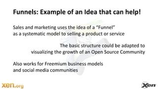 Funnels: Example of an Idea that can help!Sales and marketing uses the idea of a “Funnel” as a systematic model to selling a product or serviceThe basic structure could be adapted to  visualizing the growth of an Open Source Community Also works for Freemium business models and social media communities