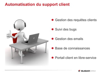 Automatisation du support client


                      l  Gestion des requêtes clients

                      l  Suivi des bugs

                      l  Gestion des emails

                      l  Base de connaissances

                      l  Portail client en libre-service
 