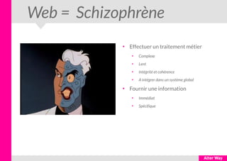 Web = Schizophrène
●
Effectuer un traitement métier
●
Complexe
●
Lent
●
Intégrité et cohérence
●
A intégrer dans un système global
●
Fournir une information
●
Immédiat
●
Spécifique
 