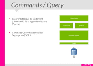 Commands / Query
●
Séparer la logique de traitement
(Commands) de la logique de lecture
(Query)
●
Command Query Responsibility
Segregation (CQRS)
 