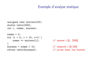 Exemple d’analyse statique
unsigned char entrees[10];
double table[256];
int i, somme, moyenne;
somme = 0;
for (i = 0; i <...