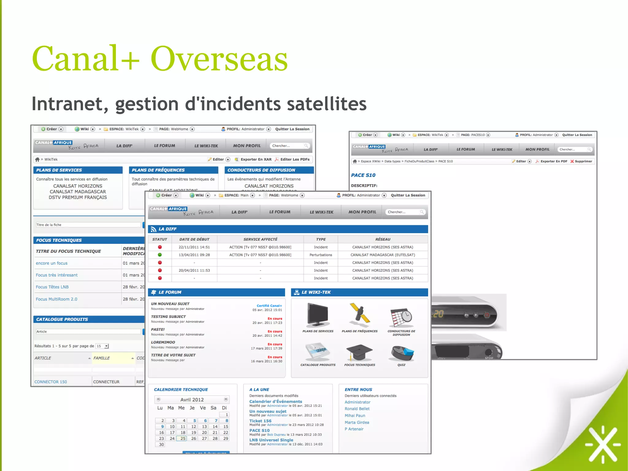 Canal+ Overseas
Intranet, gestion d'incidents satellites
 