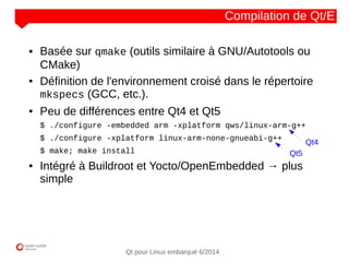 NOM
CLIENT
Qt pour Linux embarqué 6/2014
Compilation de Qt/E
● Basée sur qmake (outils similaire à GNU/Autotools ou
CMake)
● Définition de l'environnement croisé dans le répertoire
mkspecs (GCC, etc.).
● Peu de différences entre Qt4 et Qt5
$ ./configure -embedded arm -xplatform qws/linux-arm-g++
$ ./configure -xplatform linux-arm-none-gnueabi-g++
$ make; make install
● Intégré à Buildroot et Yocto/OpenEmbedded → plus
simple
Qt5
Qt4
 