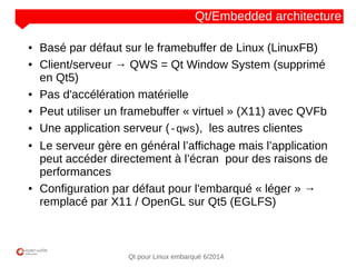 NOM
CLIENT
Qt pour Linux embarqué 6/2014
Qt/Embedded architecture
● Basé par défaut sur le framebuffer de Linux (LinuxFB)
● Client/serveur → QWS = Qt Window System (supprimé
en Qt5)
● Pas d'accélération matérielle
● Peut utiliser un framebuffer « virtuel » (X11) avec QVFb
● Une application serveur (-qws), les autres clientes
● Le serveur gère en général l’affichage mais l’application
peut accéder directement à l’écran pour des raisons de
performances
● Configuration par défaut pour l'embarqué « léger » →
remplacé par X11 / OpenGL sur Qt5 (EGLFS)
 