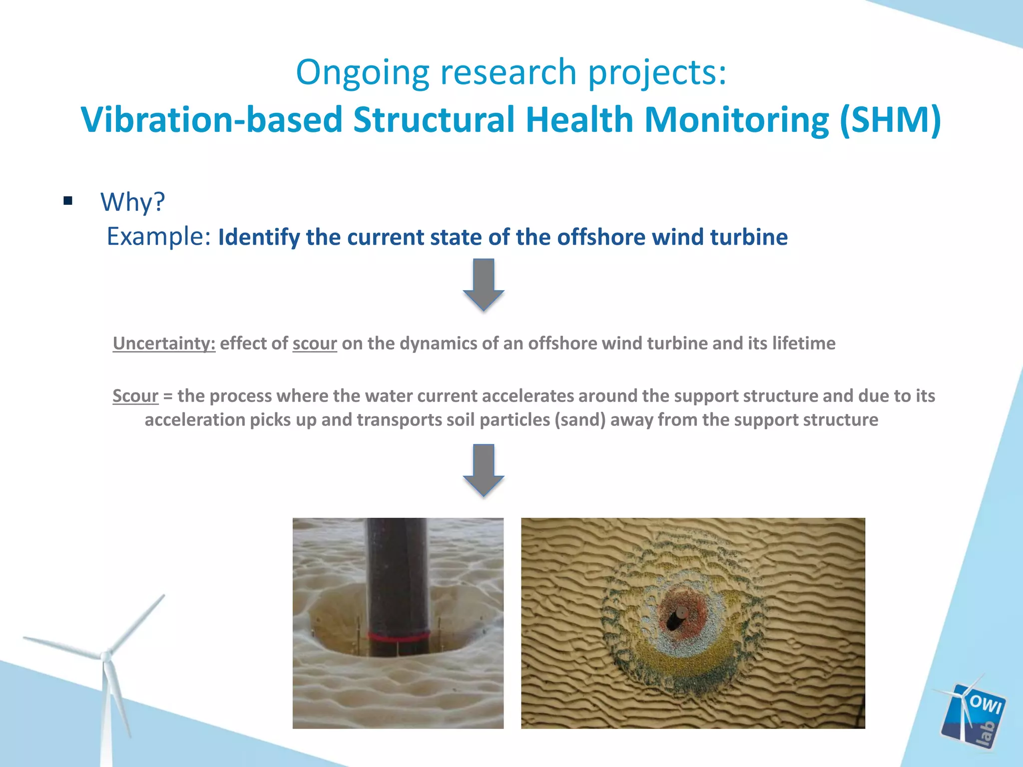 Ongoing research projects:
Vibration-based Structural Health Monitoring (SHM)
 Why?
Example: Identify the current state of the offshore wind turbine

Uncertainty: effect of scour on the dynamics of an offshore wind turbine and its lifetime
Scour = the process where the water current accelerates around the support structure and due to its
acceleration picks up and transports soil particles (sand) away from the support structure

 