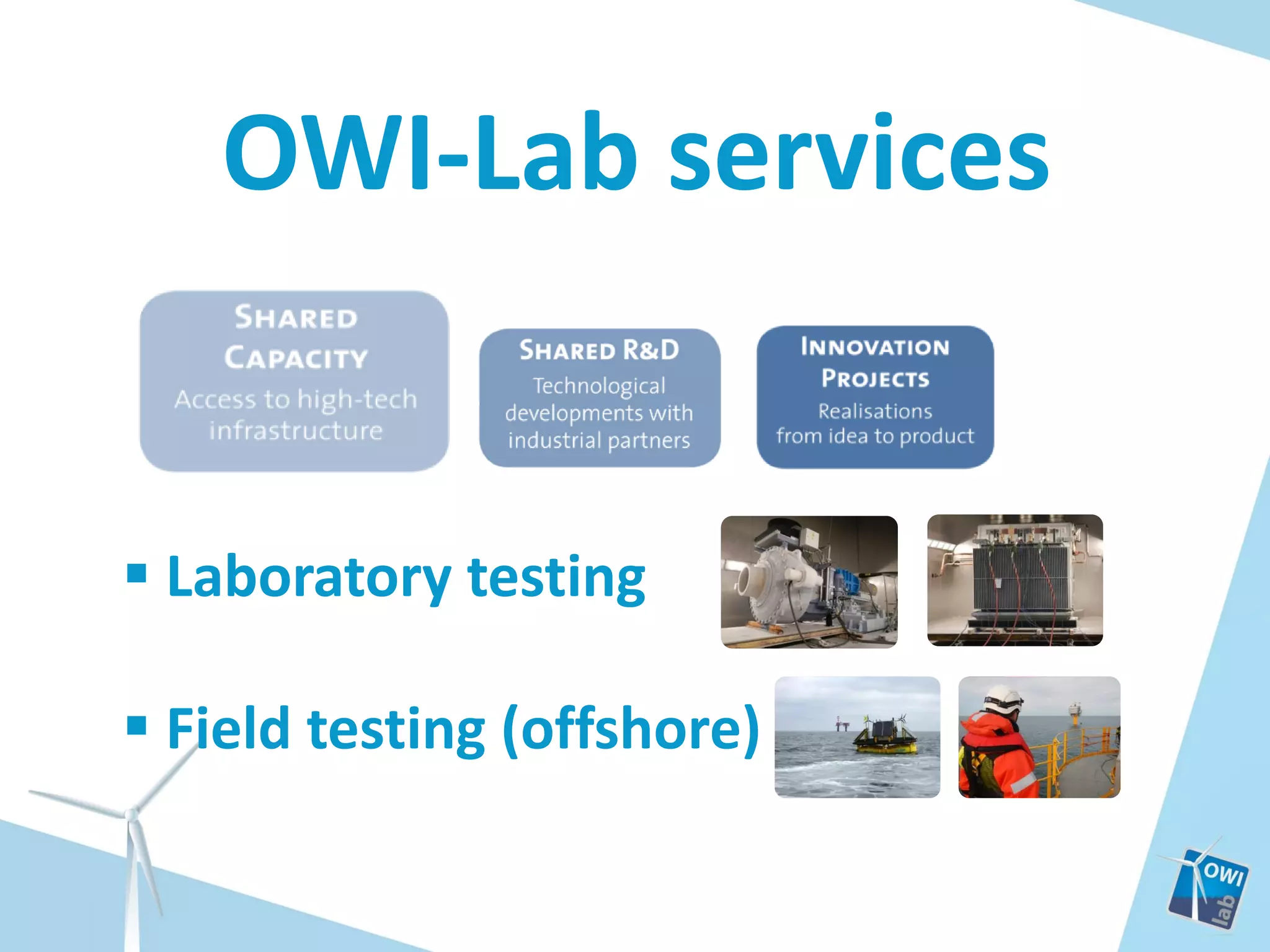 OWI-Lab services

 Laboratory testing
 Field testing (offshore)

 
