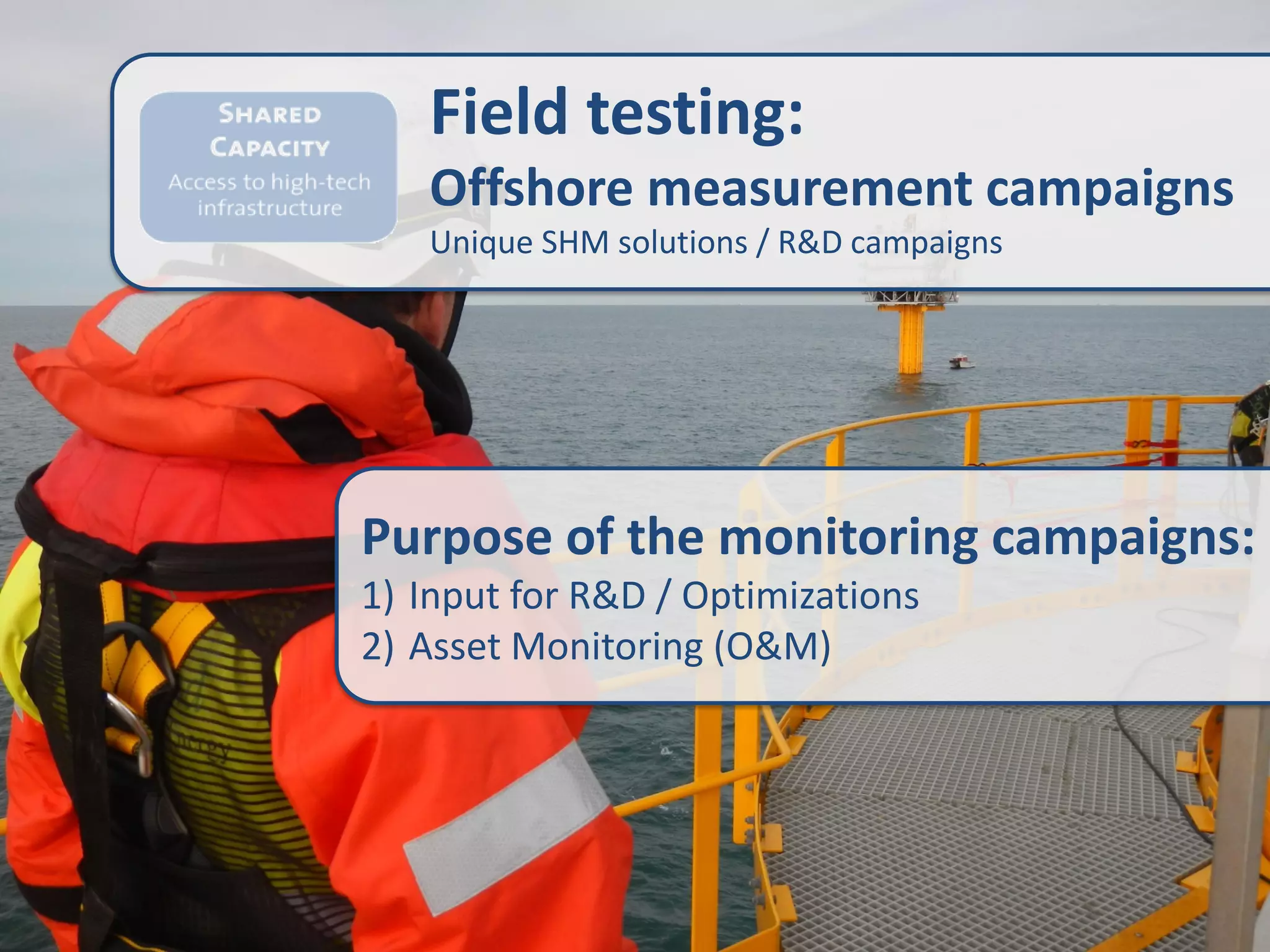 Field testing:
Offshore measurement campaigns
Unique SHM solutions / R&D campaigns

Purpose of the monitoring campaigns:
1) Input for R&D / Optimizations
2) Asset Monitoring (O&M)

 
