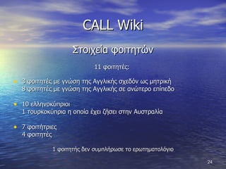 CALL Wiki Στοιχεία φοιτητών 11 φοιτητές:  3 φοιτητές με γνώση της Αγγλικής σχεδόν ως μητρική  8 φοιτητές με γνώση της Αγγλικής σε ανώτερο επίπεδο  10 ελληνοκύπριοι  1 τουρκοκύπρια η οποία έχει ζήσει στην Αυστραλία  7 φοιτήτριες 4 φοιτητές  1 φοιτητής δεν συμπλήρωσε το ερωτηματολόγιο 